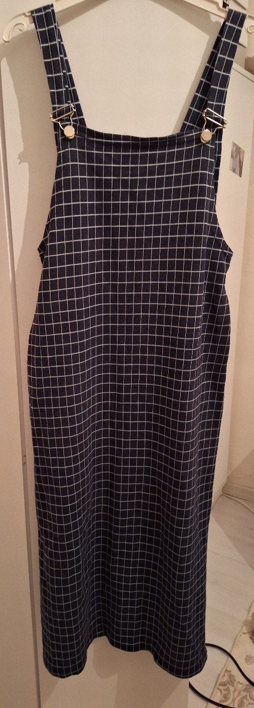 Kadın lacivert Kareli Askılı elbise - Görsel 3