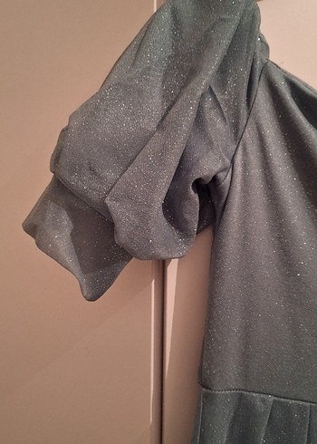 Su yeşili V Yaka Drapeli Uzun Abiye Elbise - Görsel 9