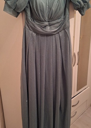 Su yeşili V Yaka Drapeli Uzun Abiye Elbise - Görsel 4