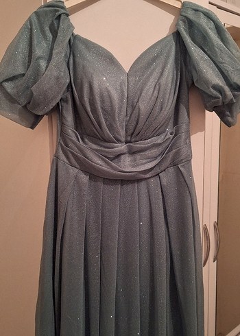 Su yeşili V Yaka Drapeli Uzun Abiye Elbise - Görsel 5