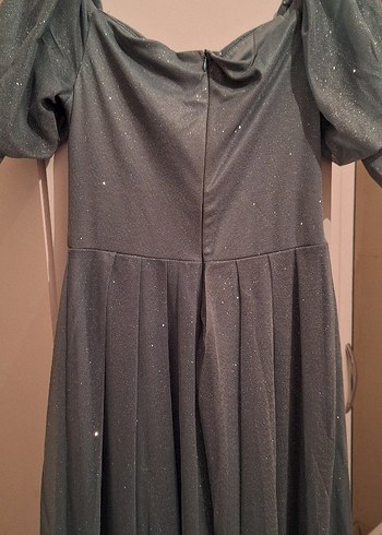 Su yeşili V Yaka Drapeli Uzun Abiye Elbise - Görsel 8