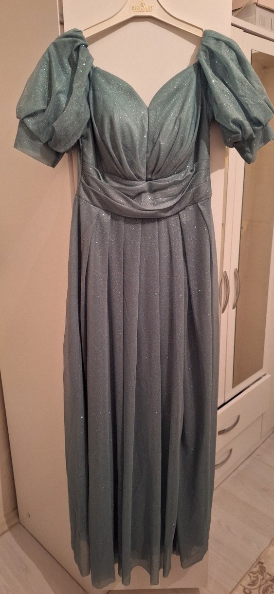 Su yeşili V Yaka Drapeli Uzun Abiye Elbise - Görsel 3