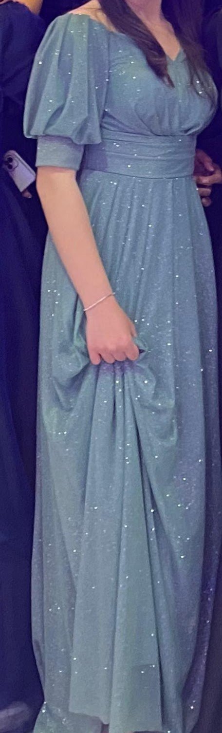 Su yeşili V Yaka Drapeli Uzun Abiye Elbise - Görsel 2