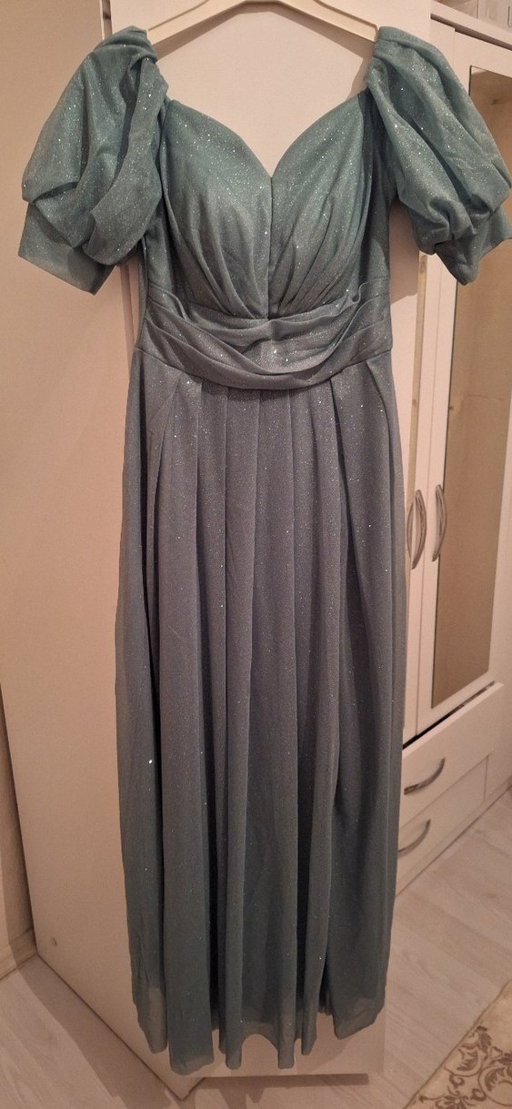 Su yeşili V Yaka Drapeli Uzun Abiye Elbise - Görsel 4