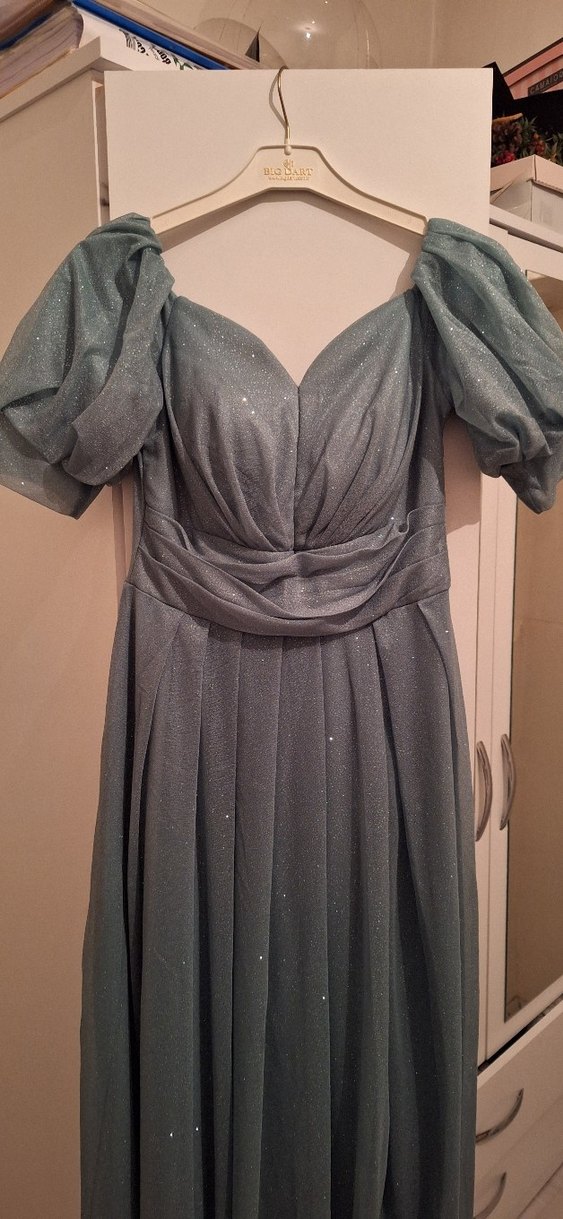 Su yeşili V Yaka Drapeli Uzun Abiye Elbise - Görsel 5