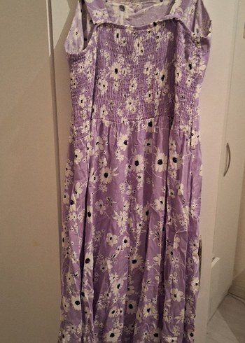 Düğmeli Uzun Mor Çiçekli Kadın Elbise - Görsel 6