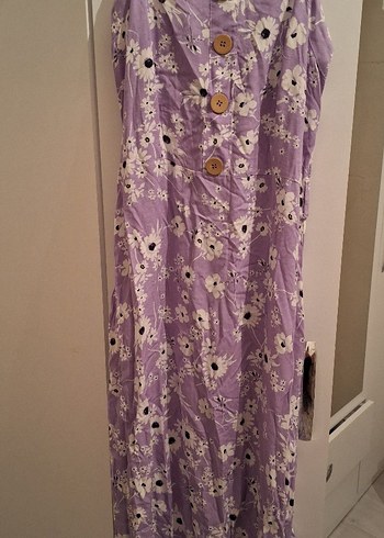 Düğmeli Uzun Mor Çiçekli Kadın Elbise - Görsel 2