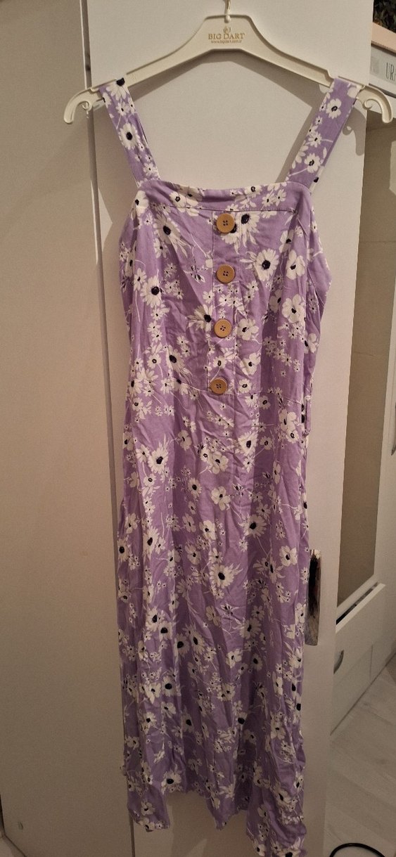 Düğmeli Uzun Mor Çiçekli Kadın Elbise - Görsel 3