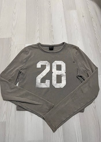 Gri Baskılı Uzun Kollu Crop Top - Görsel 2