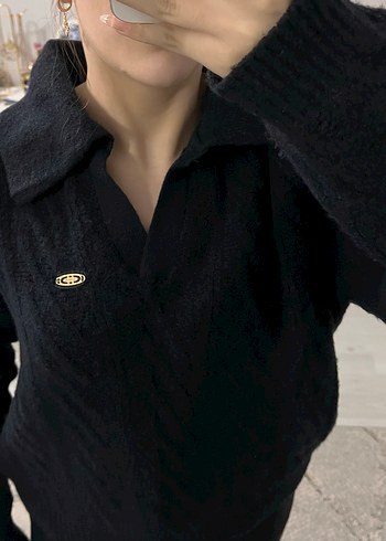 Siyah Nakışlı Örgü Kadın Kazak - Görsel 2