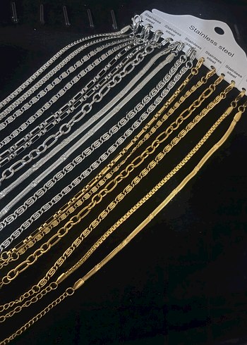 Gold - Gümüş Renk Çelik Zincir Detaylı Bileklik Kolye - Görsel 2