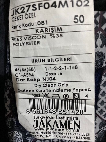 50-6 drop Beden siyah Renk JAKAMEN SİYAH CEKET