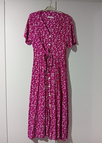 Pembe Çiçekli Uzun Düğmeli Bohem Elbise - Görsel 5