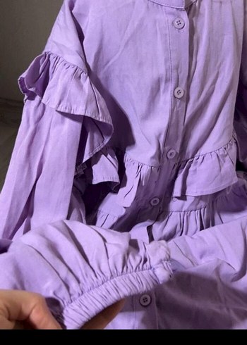 Uzun Kollu Mor Fırfırlı Keten Gömlek - Görsel 2