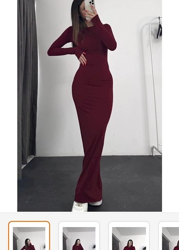 Bordo V Yaka Uzun Kollu Uzun Elbise - Görsel 2