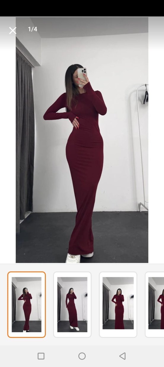 Bordo V Yaka Uzun Kollu Uzun Elbise - Görsel 2