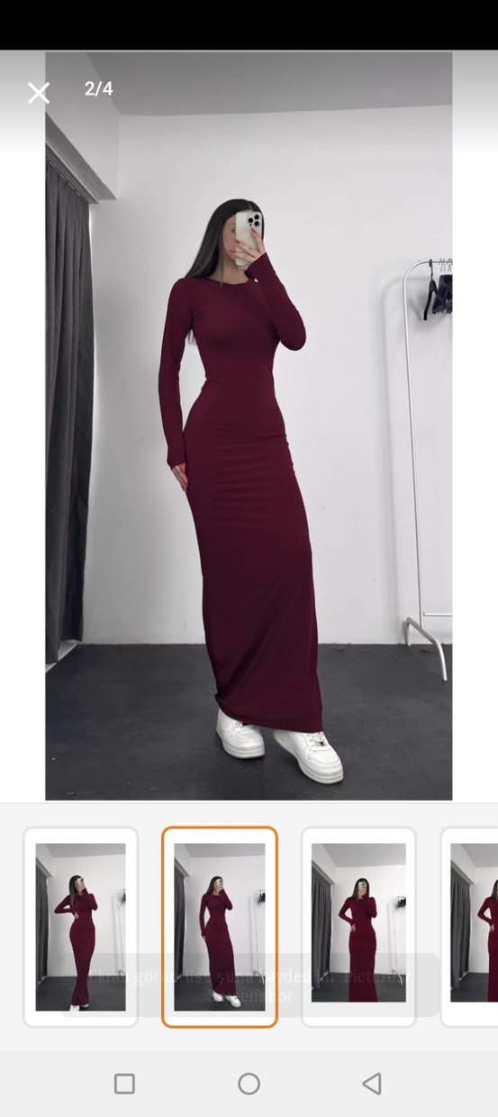 Bordo V Yaka Uzun Kollu Uzun Elbise - Görsel 3