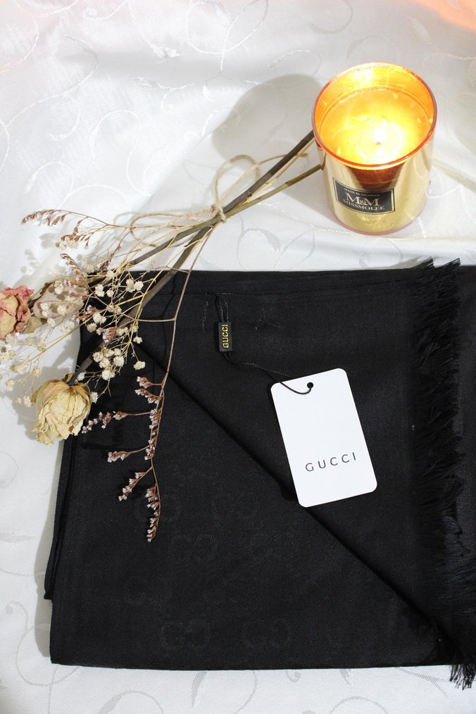 Siyah G Desen Kaşmir Yün İpek Şal - Görsel 2