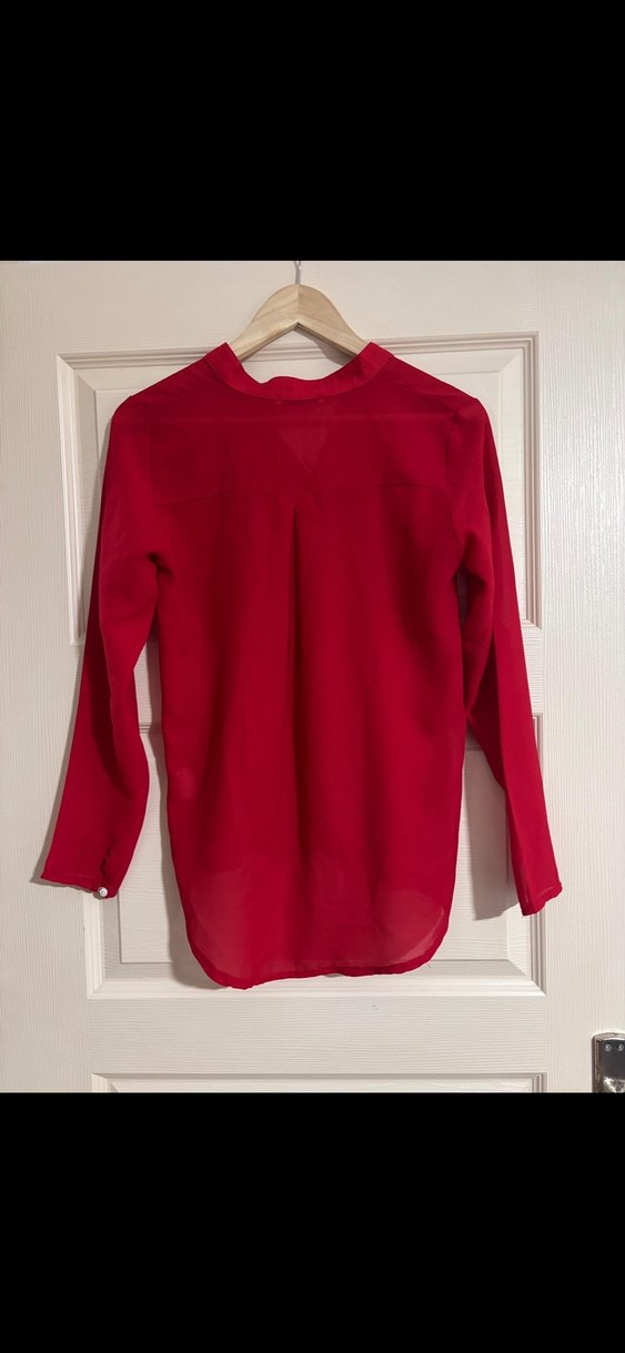 Kırmızı V Yakalı Uzun Kollu Kadın Bluz - Görsel 2