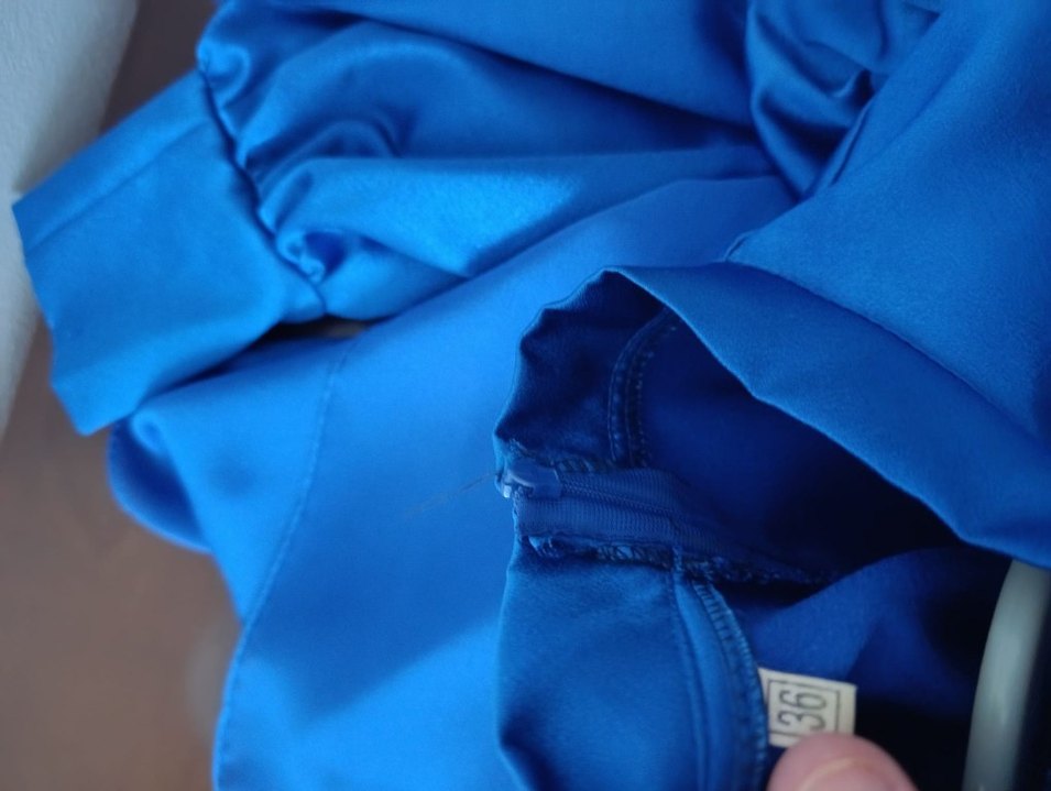 Uzun Mavi Saten Elbise, Yüksek Yaka, Salaş Kesim - Görsel 5