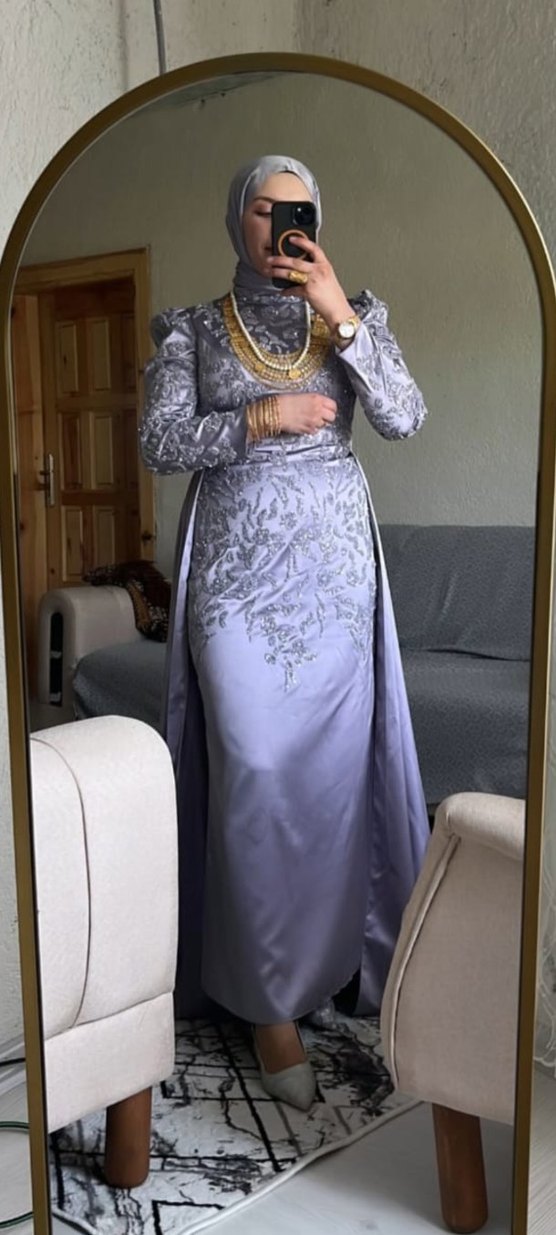 Gri Nakışlı Uzun Abiye Elbise - Görsel 2