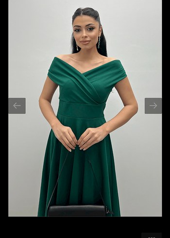 Kayık yaka midi boy zümrüt Yeşili Abiye Elbise - Görsel 7