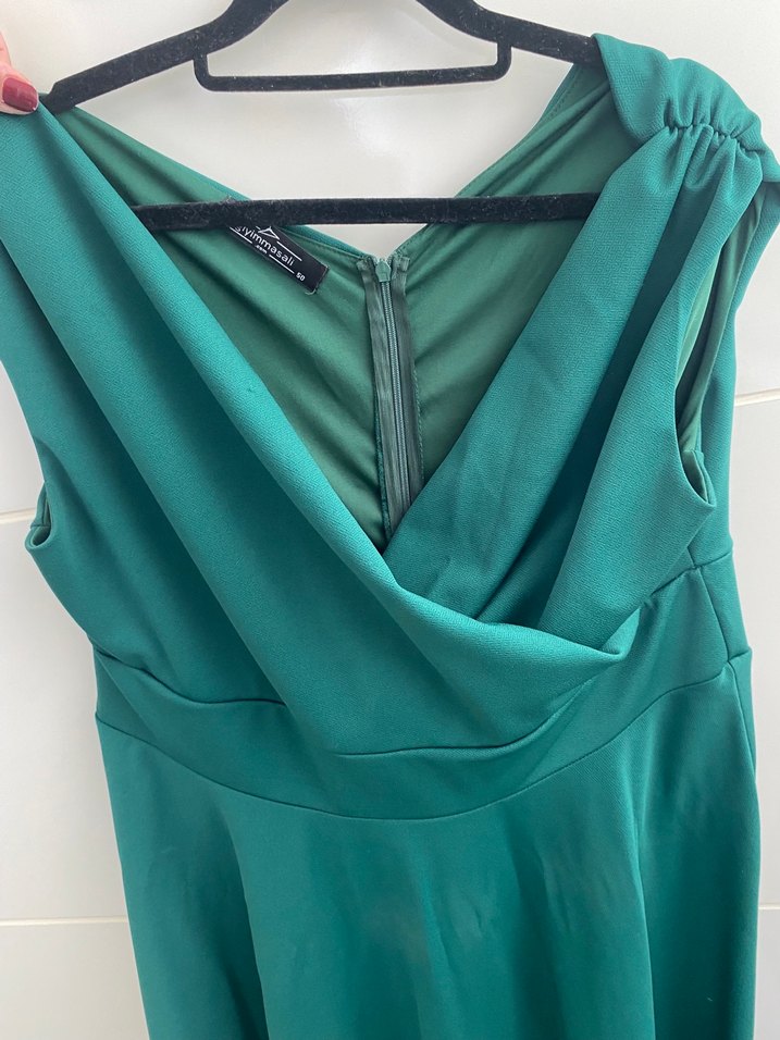 Kayık yaka midi boy zümrüt Yeşili Abiye Elbise - Görsel 2