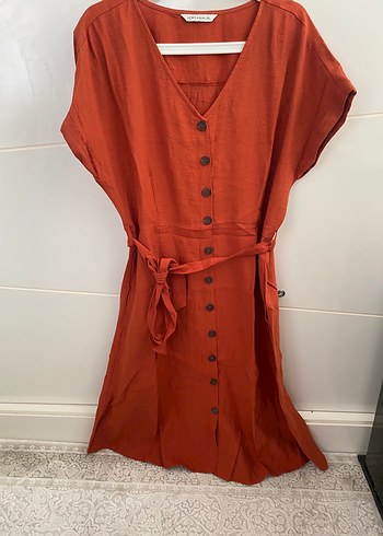 Düğmeli V Yakalı Kiremit rengi Midi Elbise - Görsel 2