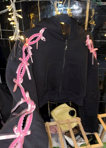 Pembe Kurdelalı Kapüşonlu Kısa Sweatshirt - Görsel 3