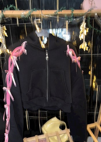 Pembe Kurdelalı Kapüşonlu Kısa Sweatshirt - Görsel 2