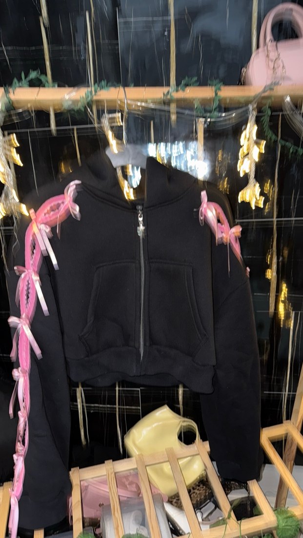 Pembe Kurdelalı Kapüşonlu Kısa Sweatshirt - Görsel 2