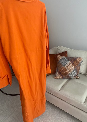 40 Beden turuncu Renk Turuncu Uzun Keten Salaş Elbise