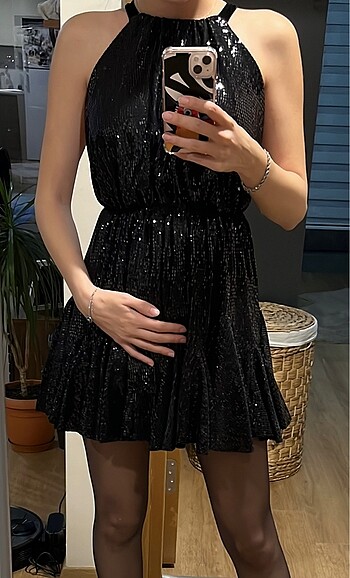 xs Beden Night zoom siyah mini sırt dekolteli payetli mini elbise