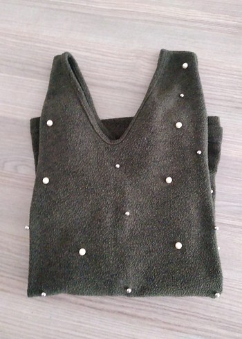 koyu yeşili V Yaka Uzun Kollu Örgü Kadın Kazak - Görsel 2