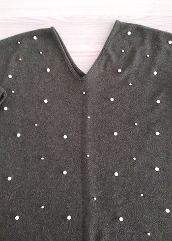 koyu yeşili V Yaka Uzun Kollu Örgü Kadın Kazak - Görsel 3