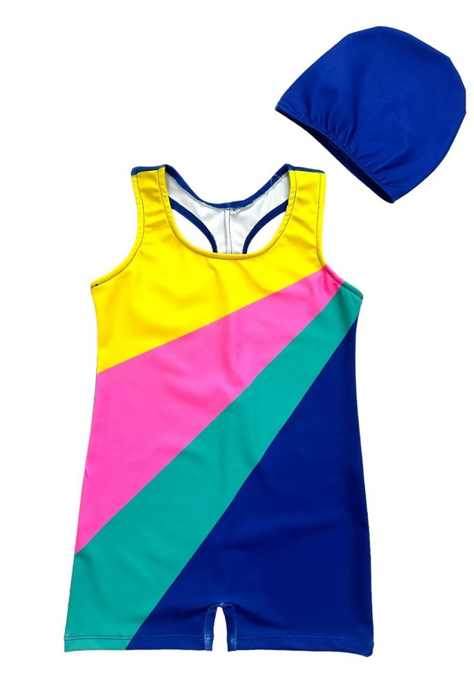 Kız Çocuk Mavi Desenli Spor Mayo ve Bone - Görsel 3