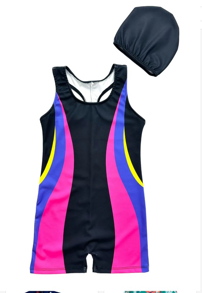 Kız Çocuk Mavi Desenli Spor Mayo ve Bone - Görsel 4