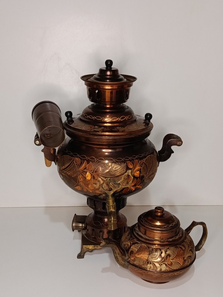 İşlemeli Bakır Semaver ve Demlik - Görsel 2
