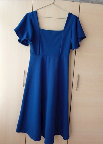 İndigo Kol Volanlı Kare Yaka Elbise - Görsel 5