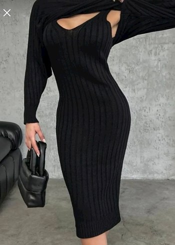 Kadın İki Parça Triko Siyah Elbise - Görsel 3