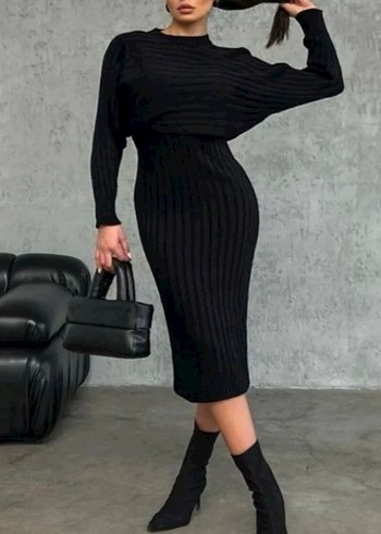 Kadın İki Parça Triko Siyah Elbise - Görsel 2