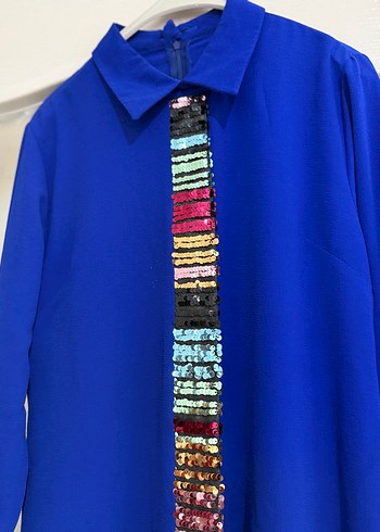 Uzun Kollu Düğmeli Mavi Kadın Tunik - Görsel 2