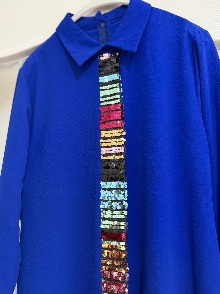 Uzun Kollu Düğmeli Mavi Kadın Tunik - Görsel 2