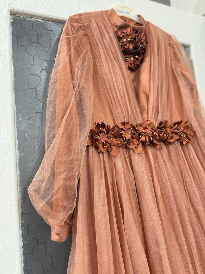 Vintage Bej Uzun Kollu Bohem Elbise - Görsel 3