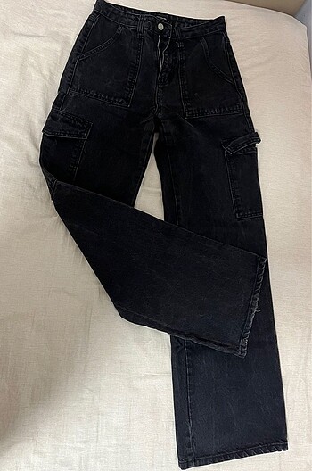 34 Beden Siyah Kargo Cepli Wide Leg Jean
