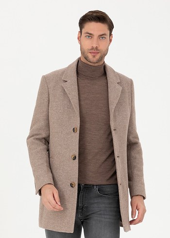 Erkek Bej Düğmeli Yün Kaban - Görsel 2