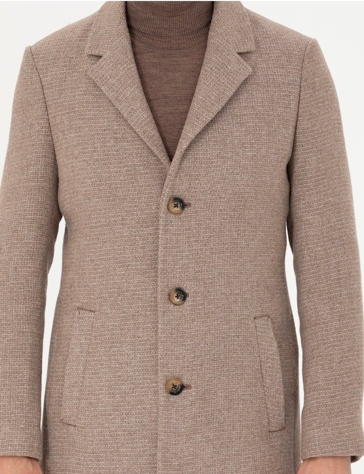 Erkek Bej Düğmeli Yün Kaban - Görsel 3