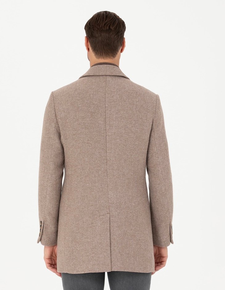 Erkek Bej Düğmeli Yün Kaban - Görsel 4