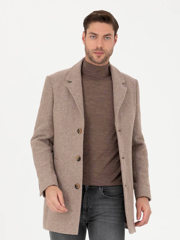Erkek Bej Düğmeli Yün Kaban - Görsel 2