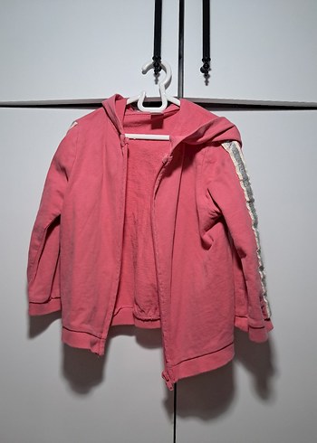 Kız Çocuk Gri Şeritli Pembe Kapüşonlu Sweatshirt